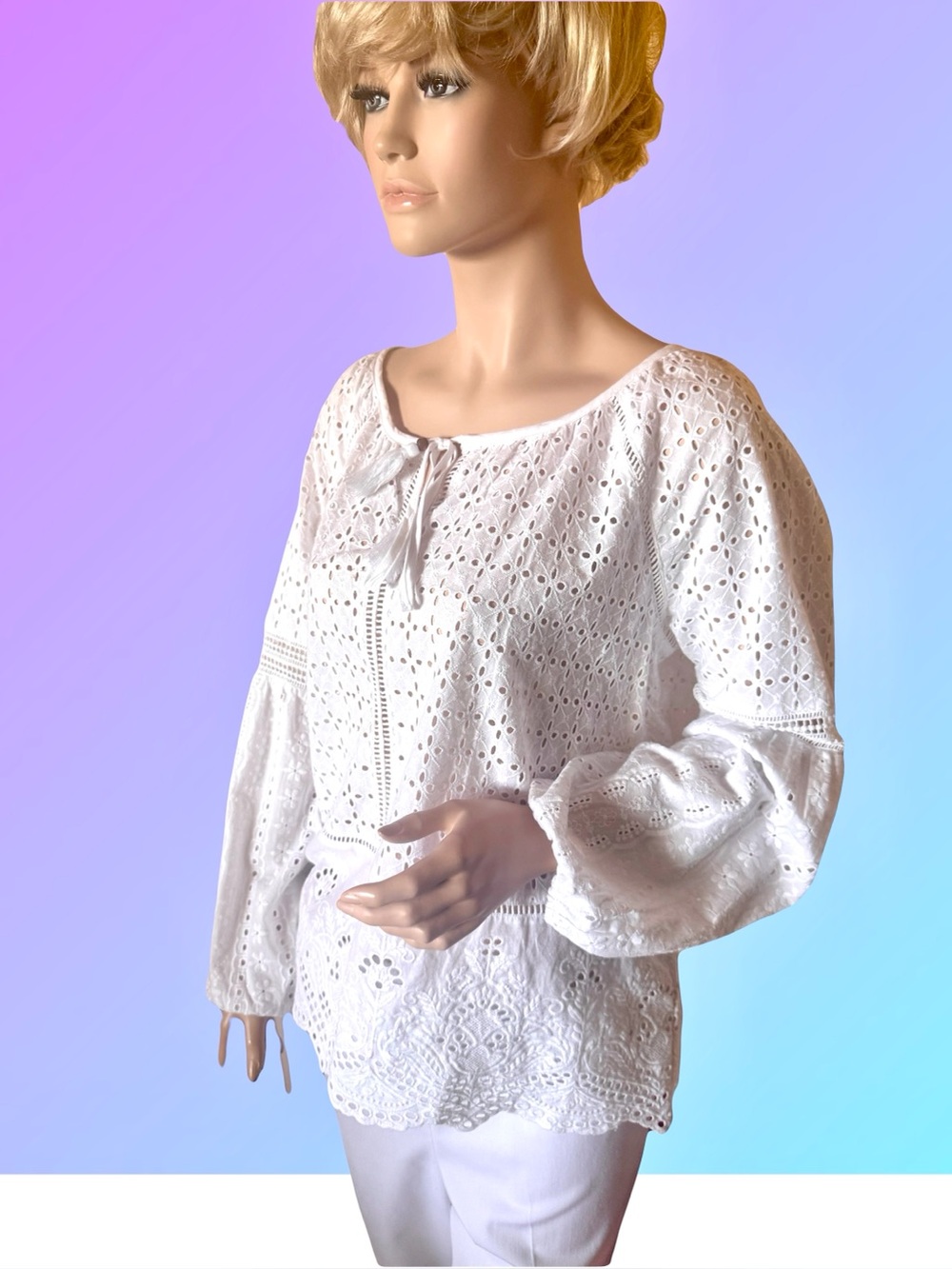 Fever White Eyelet Tie-Neck Peasant Blouse